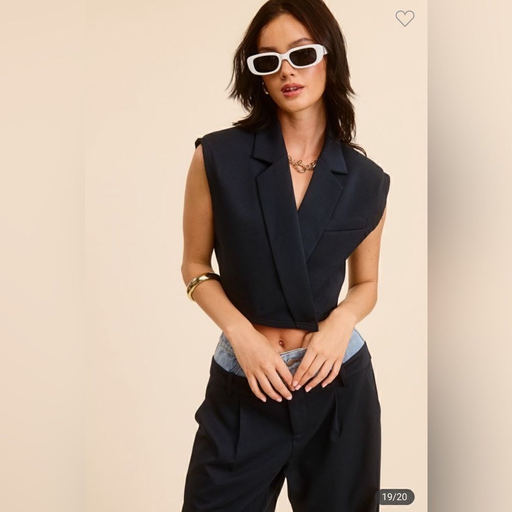 007. SOLID V-NECK CROP WAISTCOAT VEST- NAVY BLUE - Picture 6 of 6